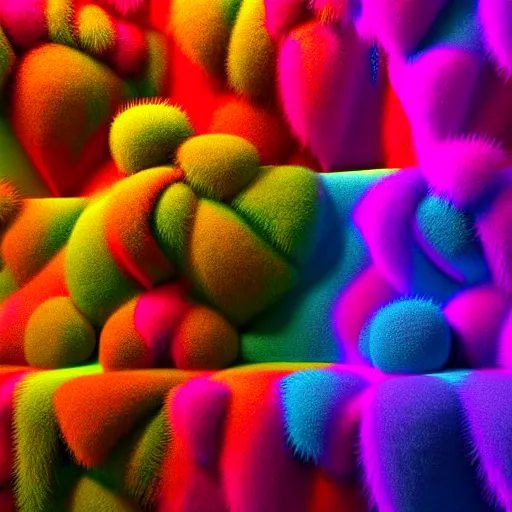 Prompt: : colorful abstract fuzzy sculpture art on the wall in modern architecture art studio soho new york, cinematic lighting, hyper - realistic, detailed, render by c 4 d octane, unreal engine, 8 k 3 d render