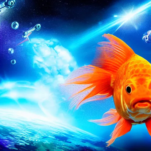 Prompt: a goldfish piloting a spaceship in outer space, intricate detail, epic composition, cosmic, futuristic 4 k,