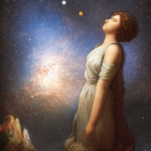 Image similar to hypatia looking at the stars in awe