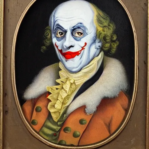 Image similar to 1 8 th century oil painting portrait of the joker wearing a white aristocratic outfit and wearing a monocle on his eye, very detailed, very intricate, 8 k,