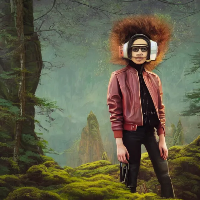 Image similar to highly detailed portrait of alone androgynous girl wearing bakelite leather jacket, bakelite rocky mountains, moss green japanese haunted forest background, by hsiao - ron cheng and artgerm, modular synthesizer 8 0 s sony stereo helmet backpack, the grand budapest hotel, glow, no crop, digital art, artstation, pop art