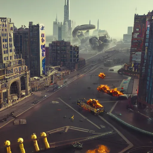 Image similar to SPACE INVADERS game as a city, bustling, rockets, atmospheric, hazy, sweltering, highly detailed, autochrome, 8k, reflections, octane render, unreal engine 5, art by Cézanne