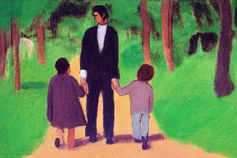 Image similar to a tall man with dark hair holding the hands of a small boy with dark hair as they walk down a suburban highway on a bright beautiful colorful day. part in the style of an edgar degas painting. part in the style of david hockney