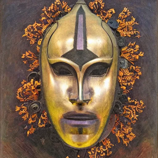 Image similar to head of a beautiful machine shaman wearing a mask made of metal flowers, by annie swynnerton and nicholas roerich and jean delville and john watkiss, art deco shaman, stylized geometric flowers, art brut, symbolist, dramatic lighting, god rays, iridescent beetles, clean crisp graphics, smooth sharp focus, extremely detailed, adolf wolfli