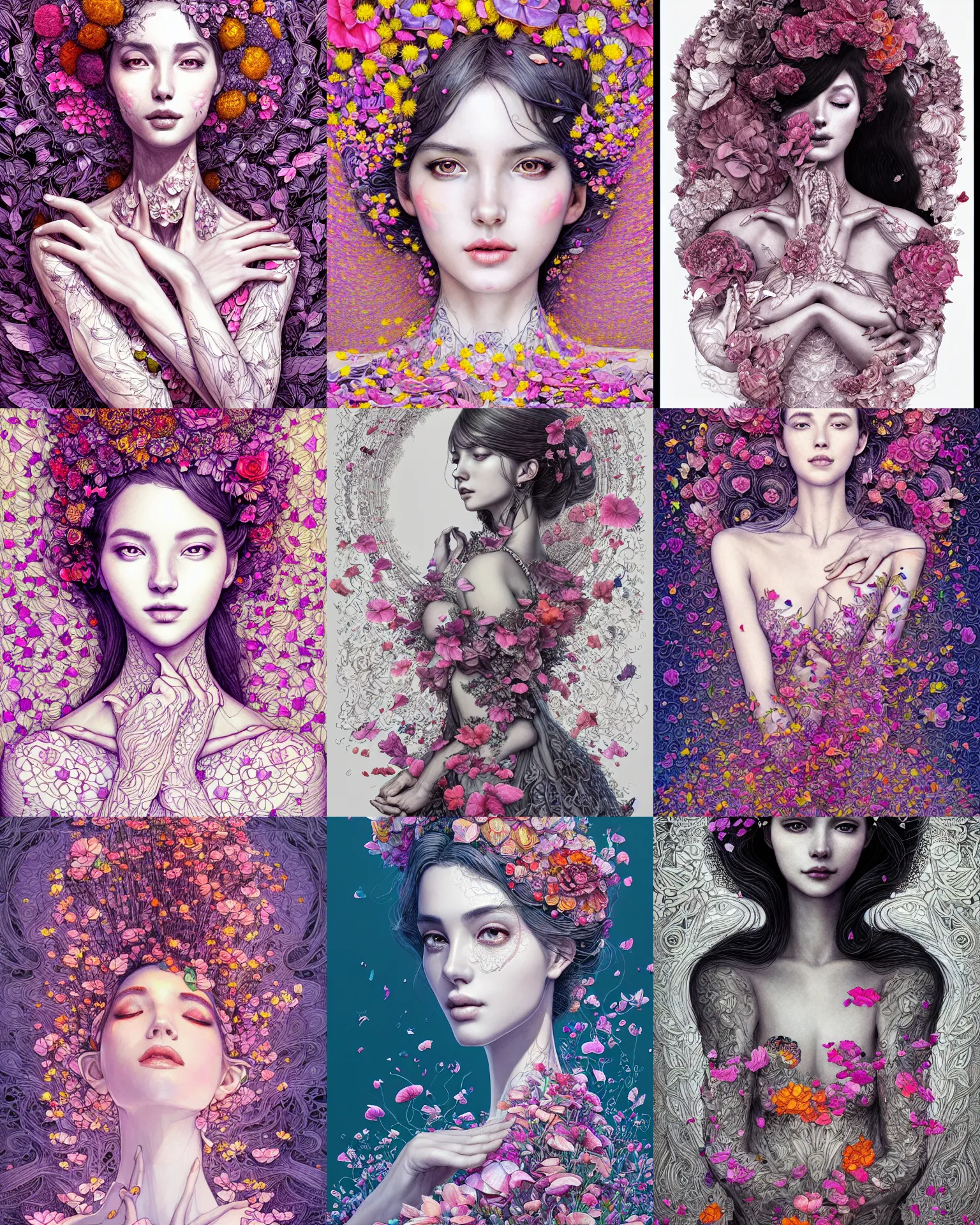 Prompt: the portrait of an absurdly beautiful, graceful, elegant, and perky woman made of petals, an ultrafine detailed illustration by vania zouravliov, rossdraws, intricate linework, bright colors, final fantasy, behance contest winner, angular, unreal engine 5 highly rendered, global illumination, radiant light, detailed and intricate environment