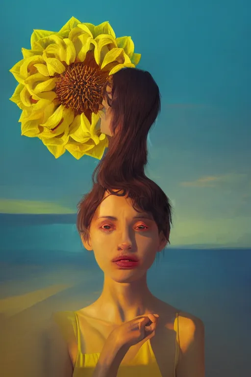 Image similar to closeup girl with huge yellow dahlia flower under face, on beach, surreal photography, blue sky, sunrise, dramatic light, impressionist painting, digital painting, artstation, simon stalenhag