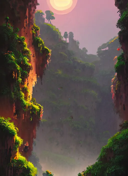 Prompt: medieval city built on terraces in a gigantic canyon, lots of buildings connected by hanging bridges, waterfalls, glow coming from amber veins in the ground, lush vegetation, pitchblack sky, extremly detailed digital painting, in the style atey ghailan and greg rutkowski, rim light, beautiful lighting, 8 k, stunning scene, raytracing, octane, trending on artstation