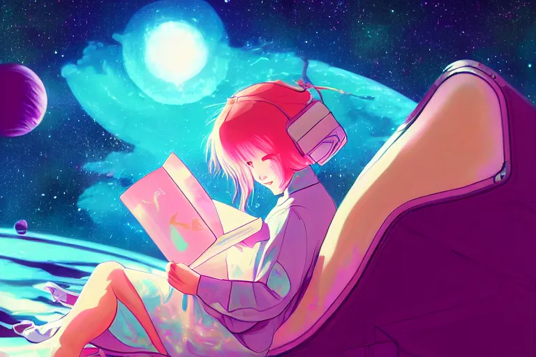 Prompt: a beautiful girl reading a book in space, lofi, anime, digital art, neon, synthwave,