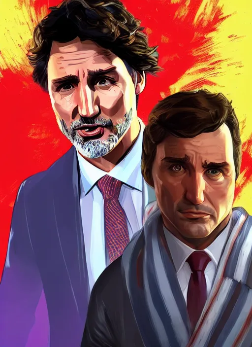 Prompt: justin trudeau in gta v, cover art by stephen bliss, artstation
