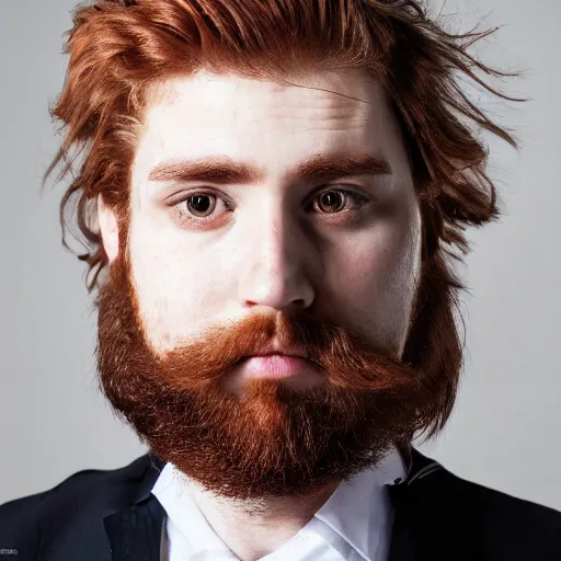 Prompt: A man with ginger wavy hair in a emo style with a beard and wearing a white collared shirt with a blue tie, portrait, 4k resolution, 8k resolution, HD Quality, highly detailed, very detailed, detailed, studio quality lighting, digital art, trending on art station