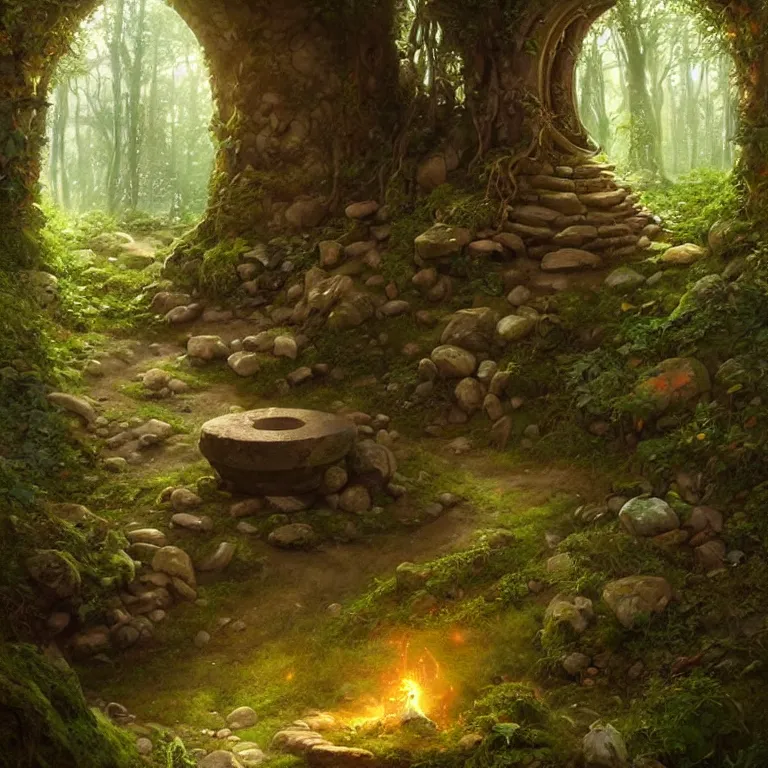 Image similar to Fantasy Magical fairy-tale stone portal in the forest. Round stone portal teleport in trees to other worlds. Fantastic landscape. Magic Altar in the fores, highly detailed, digital painting, artstation, concept art, smooth, sharp focus, illustration, art by greg rutkowski and alphonse mucha