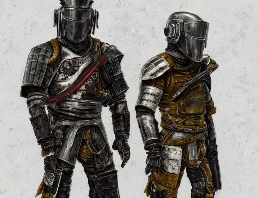 Image similar to a detailed portrait painting of a lone bounty hunter wearing cloth a flight suit and a reflective visor. Head and chest only. Dieselpunk elements. Movie scene, cinematic sci-fi scene. Flight suit, cloth and metal, accurate anatomy. Samurai influence, knight influence. fencing armour. portrait symmetrical and science fiction theme with lightning, aurora lighting. clouds and stars. Atmospheric. Futurism by moebius beksinski carl spitzweg moebius and tuomas korpi. baroque elements. baroque element. intricate artwork by caravaggio. Oil painting. Trending on artstation. 8k