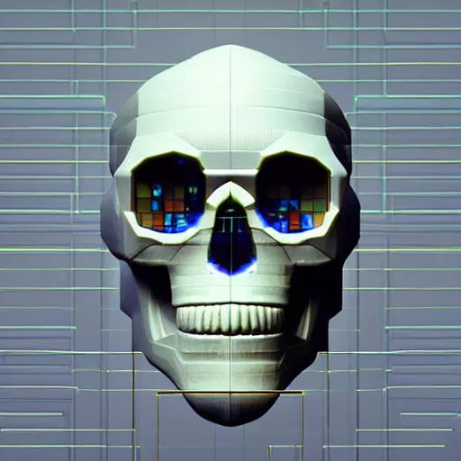 Prompt: portrait of cybernetic overlord of the metaverse, skull, hard clay, ceramics, reflections, ambient occlusion, raytracing, 8 - bit, by beeple