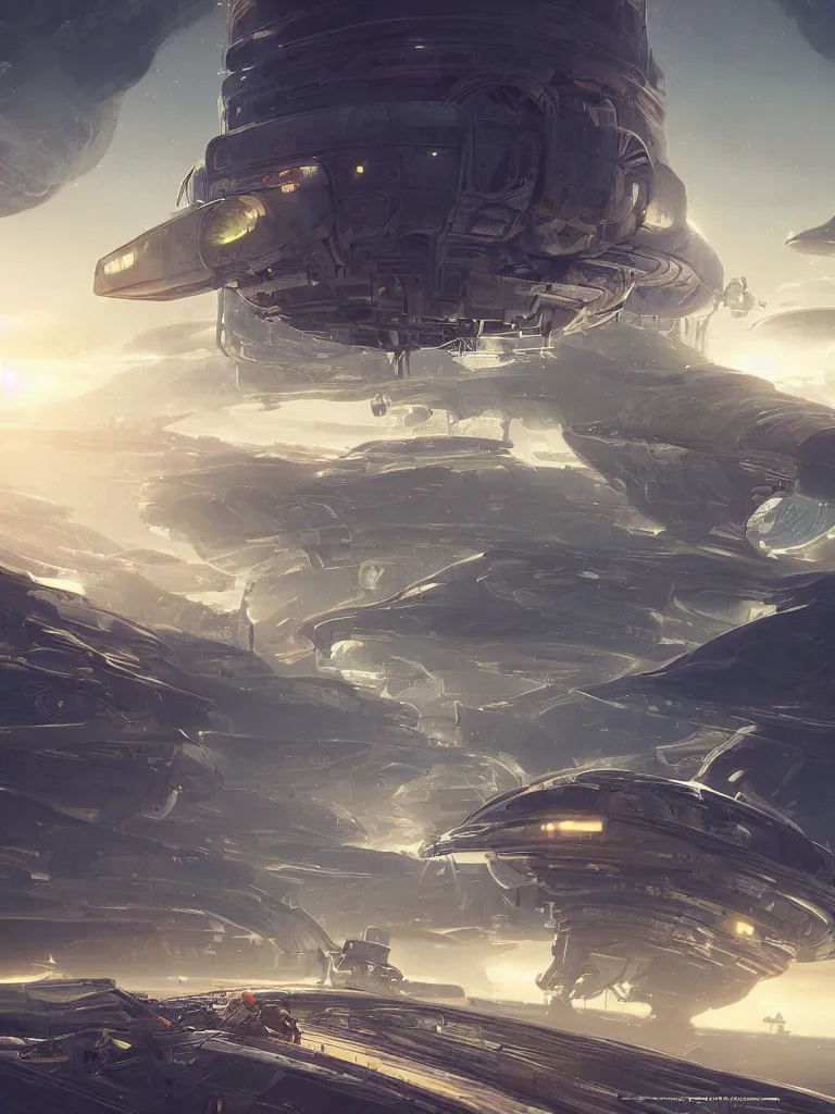 Prompt: a massive interior spaceport environment where hundreds of spaceships refuel with the mystical energy of transcendentalism, pristine concept art, small, medium and large design elements, golden hour, in the style of WLOP and Ross Tran