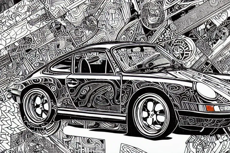 Image similar to a black and white drawing of a porsche 9 1 1, a detailed mixed media collage by hiroki tsukuda and eduardo paolozzi and moebius, intricate linework, sketchbook psychedelic doodle comic drawing, geometric, street art, polycount, deconstructivism, matte drawing, academic art, constructivism