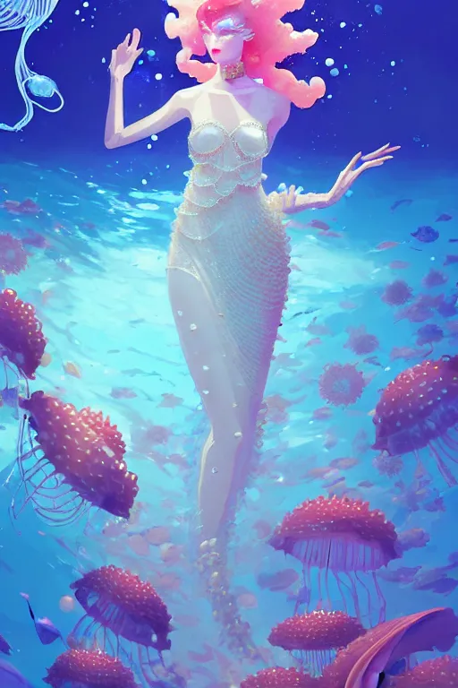 Image similar to a beautiful queen of ocean in the middle of coral reefs, pearl crystal jewelry, complex and shiny dress inspired by jellyfish, by ross tran and atey ghailan, by greg rutkowski, by greg tocchini, by james gilleard, by joe fenton, by kaethe butcher, dynamic lighting, grunge aesthetic