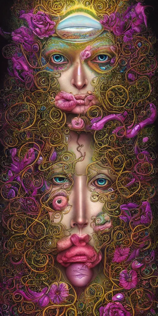 Prompt: a beautiful surrealist painting of deep dimensional realms of universal consciousness a beautiful face emerges with their third eye wide open by hanna yata, geenss archenti flores, digital art