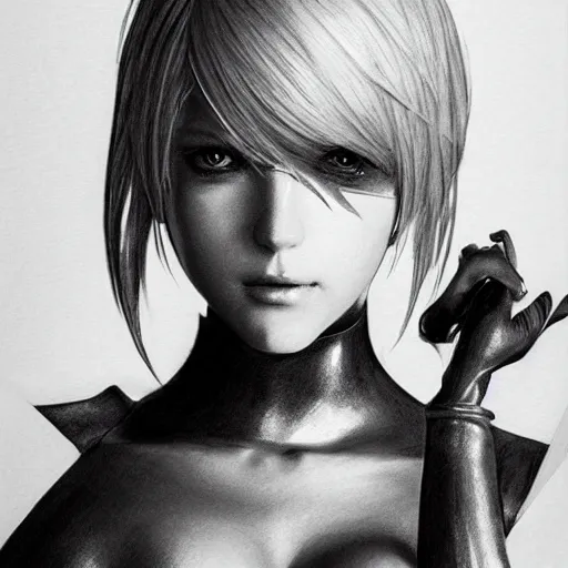 Prompt: pencil drawing of 2 b nier automata wearing a latex suit, beautiful piercing eyes, hyper realistic face, in the style of greg rutkowski, fantasy, amazing detail, epic, elegant, smooth, sharp focus