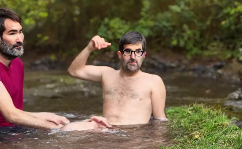 Prompt: Adam buxton and louis theroux have an ice bath, outside, cold, odd, depth of field, photorealistic