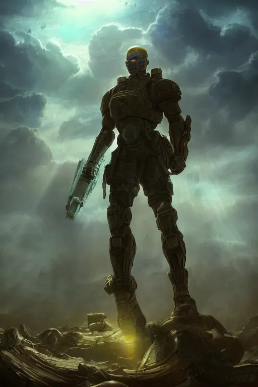 Image similar to a distant shot of a single super soldier with blue and yellow flag and standing alone on a huge pile of human skulls as a winner, masculine figure, D&D, fantasy, bright hopeful atmosphere, volumetric lights, beam of bright light through the clouds, intricate, elegant, highly detailed, extremely detailed, digital painting, artstation, concept art, matte, smooth, sharp focus, hyper realistic, illustration, art by Artgerm and Greg Rutkowski and Alphonse Mucha