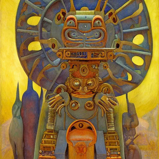 Image similar to sculpture of an ornate robot cat, by annie swynnerton and diego rivera and nicholas roerich and jean delville, symbolist, dramatic lighting, god rays, art brut, rich colors, smooth, sharp focus, extremely detailed, adolf wolfli, by janet fish and ( donato giancola and bilibin )