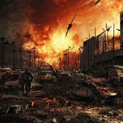 Prompt: hyper realism, realistic apocalyptic war scene, explosions