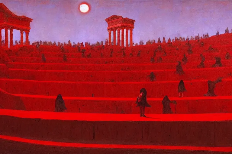 Image similar to only with red, a red great emperor, taormina amphitheatre, crowd with big smile, in the style of beksinski, parts by edward hopper, parts by rodcenko, parts by yue minjun, intricate and epic composition, red by caravaggio, insanely quality, highly detailed, masterpiece, red light, artstation, 4 k