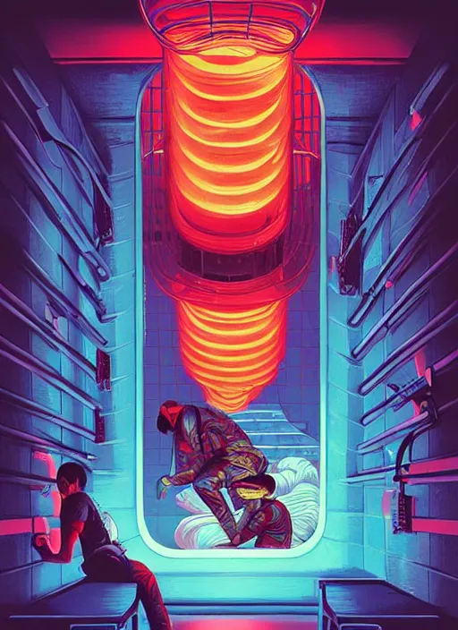 Image similar to burning police officer in sci fi prison, tristan eaton, victo ngai, artgerm, rhads, ross draws