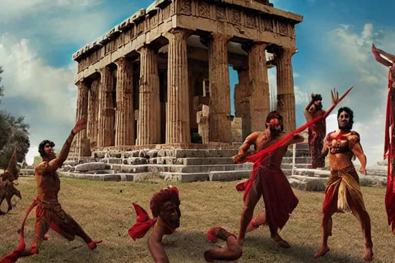 Prompt: horrible giant demons outside ancient greek temple. bollywood fantasy action movie still.