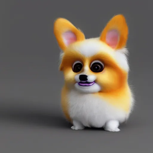 Image similar to an adorable toy corgi furby, 3 d render, cute, realistic, smooth