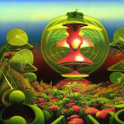 Image similar to a garden in orbit around saturn, 8 k, lowbrow, in the style of martin johnson heade, roger dean and h. r. giger,