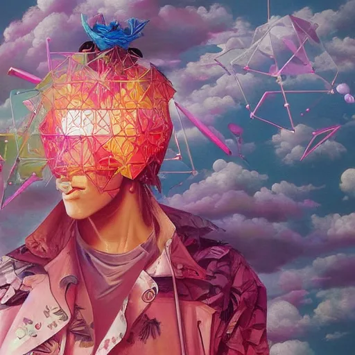 Image similar to surreal vaporwave painting, by yoshitaka amano, by ruan jia, by conrad roset, by kilian eng, by good smile company, incredibly detailed, of floating molecules and a mannequin artist holding an icosahedron with stars, clouds, and rainbows in the background, cgsociety, artstation, modular patterned mechanical costume and headpiece, vaporwave atmosphere