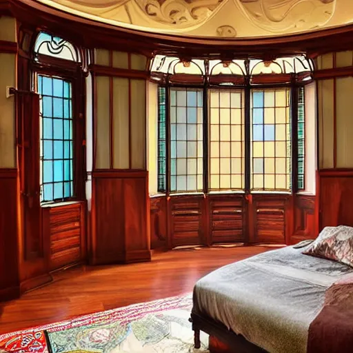 Prompt: a art nouveau bedroom with a circular window and wall with warms tones, highly detailed, photo, wood columns