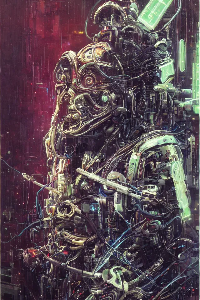 Image similar to a striking oil on canvas portrait of a cybernetic cyberpunk eurorack modular synthesizer dwarf with cable beard in the style of Brom
