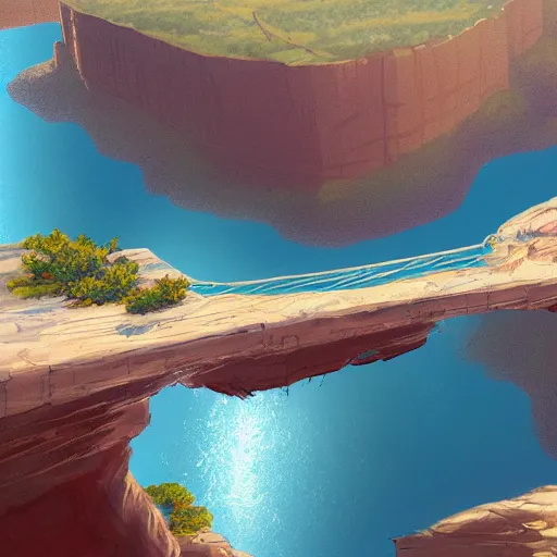 Prompt: concept art painting of a grand canyon with ocean inside, giant river, with unfinished bridge under construction, realistic, detailed, cel shaded, in the style of makoto shinkai and greg rutkowski and james gurney