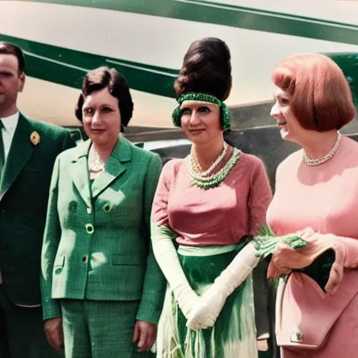 Image similar to a queen with tan skin, short, rippling dark cinnamon hair, and emerald eyes is shown meeting with the prime minister in a long, medium wide shot, german and eastern european mix kodachrome slide. in a vintage historical fantasy photograph from 1 9 3 2, she is shown donning a pink outfit and green jewels.