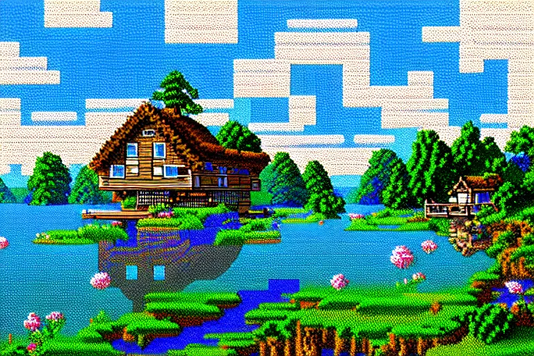 Image similar to view of a cottage above an azure lake, beautiful detailed pixelart by albertov and by pixel jeff in the style of ultima vii, intricate details, beautifully dithered gradients, volumetric lighting, cgsociety, artstation, 2 d