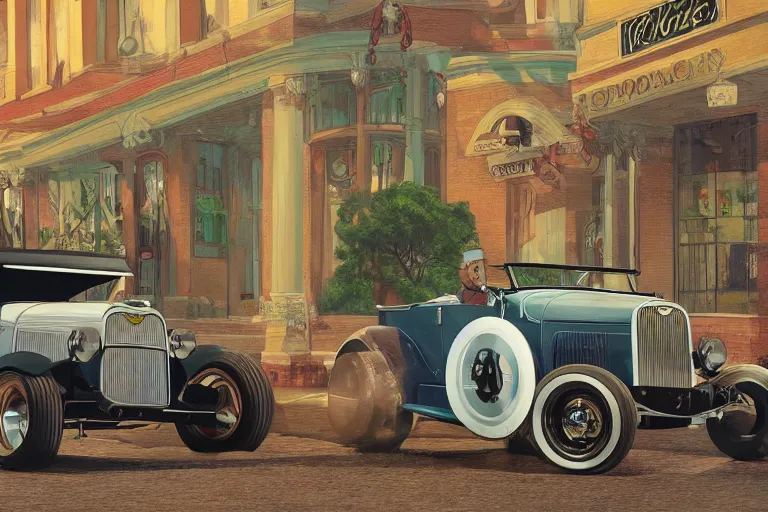 Image similar to a whimsical illustration of a 1 9 3 0 model a ford hot rod driving in a beautiful town square area of a small town, 8 k resolution, lowbrow style, storybook illustration, octane render, detailed painting, by katherine federer, anthony pafford, harry gamboa and tracy flickinger