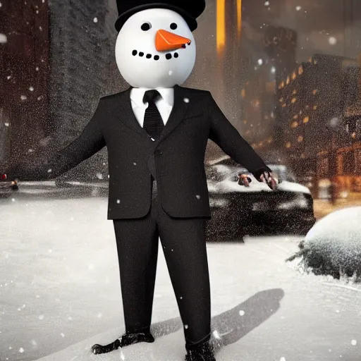 Image similar to a highly detailed humanoid snowman in business black suit with black eyes and mouth, no nose, hyperrealism, professional, octane render, full length, digital art