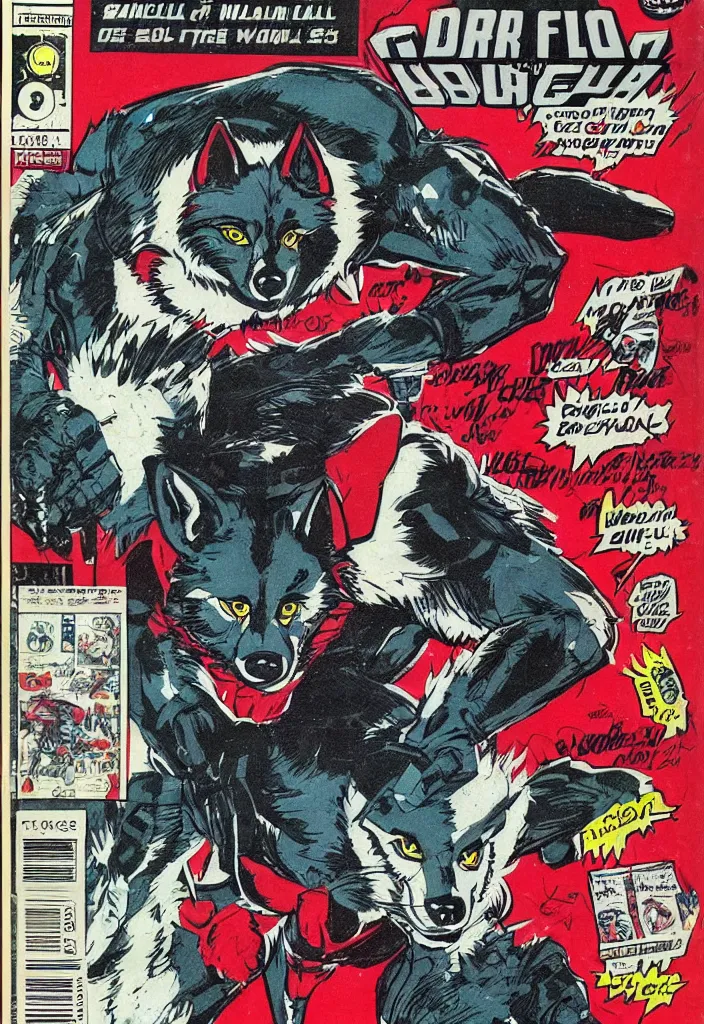 Prompt: 1 9 8 0 s comic book title cover scan, featuring a portrait of the villain anthropomorphic wolf o'donnell from starfox fursona furry wolf, in a dark space mercenary uniform, looking badass, 8 0 s sci - fi comic art, dark grey wolf o'donnell