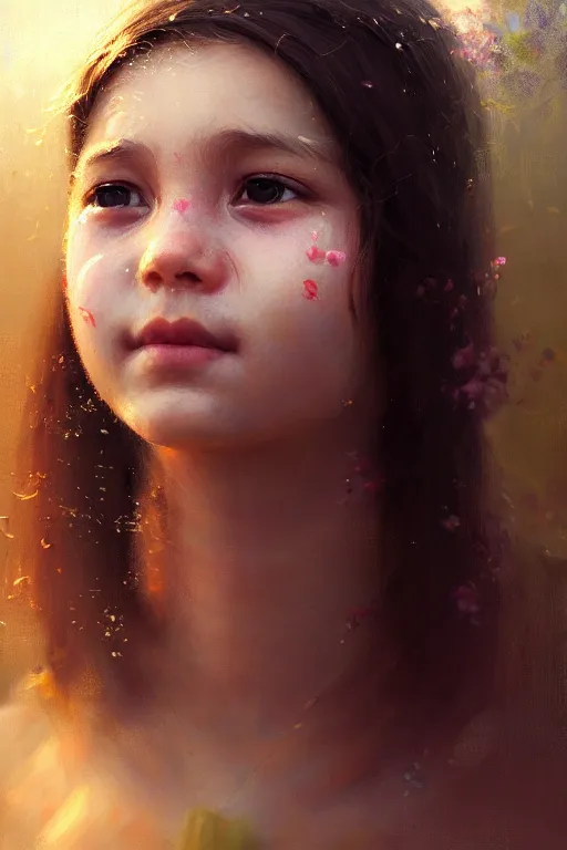 Image similar to babylonian girl, joyful, close-up portrait, intricate, elegant, positive feeling atmosphere, spring flowers bloom, volumetric lighting, scenery, digital painting, highly detailed, artstation, sharp focus, illustration, concept art, ruan jia, steve mccurry