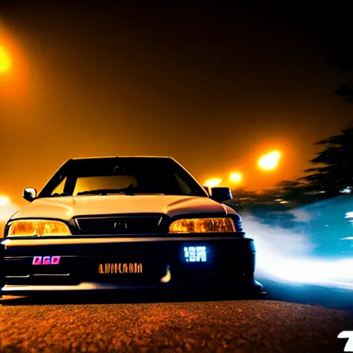 Image similar to a car JZX90 turbo drift at illegal car meet, Chiba prefecture, city midnight mist lights, cinematic color, photorealistic, highly detailed, work wheels, 85MM