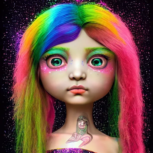 Prompt: a 3 d realistic image of a mythological young girl with rainbow hair looking at the camera, she has sparkles and stickers on her face painting by mark ryden and audrey kawasaki 3 d 8 k ultra detailed