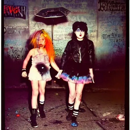 Image similar to night flash color portrait photography of punk kids on the lower east side by diane arbus, colorful!, nighttime!, raining!