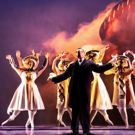 Image similar to award winning Production photo of the Hindenburg disaster the musical on broadway, dancing, singing, costumes by Julie Taymor, set design by Julie Taymor