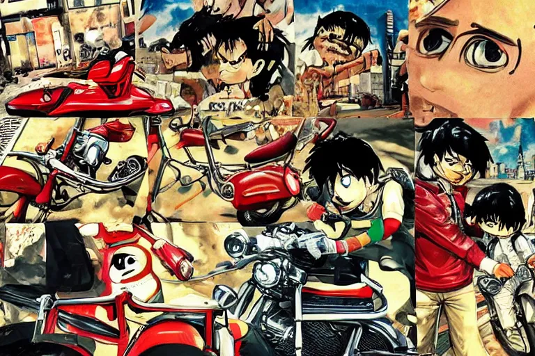 Image similar to italian pizza, akira's motorcycle, gorillaz, flyer, kid drawn