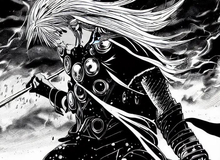 Image similar to thor with blond hair catches lightning and holds an ax in an epic battle with storm clouds with faces monsters by tsutomu nihei, black and white, epic battle background, comic, cinematic