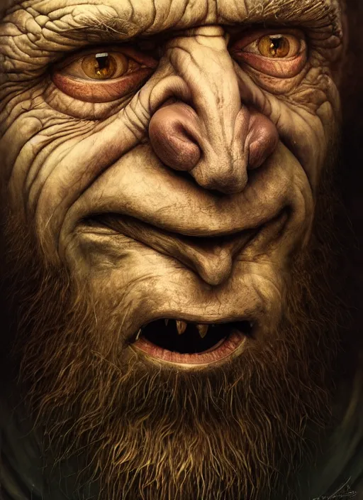 Image similar to gediminas pranckevicius | close up portrait of a monster in the sinister valley of despair, siniter facem beard, rugged face, droping poping eye,, oil painting by tomasz jedruszek, cinematic lighting, pen and ink, intricate line, hd, 4 k, million of likes, trending on artstation pus