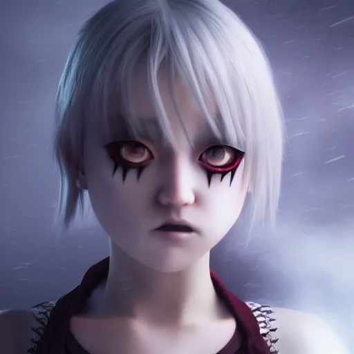 Image similar to photorealistic full shot portrait of angry darkness anime girl, inspired by tim burton, detailed, unreal engine 4 k, volumetric light, fog