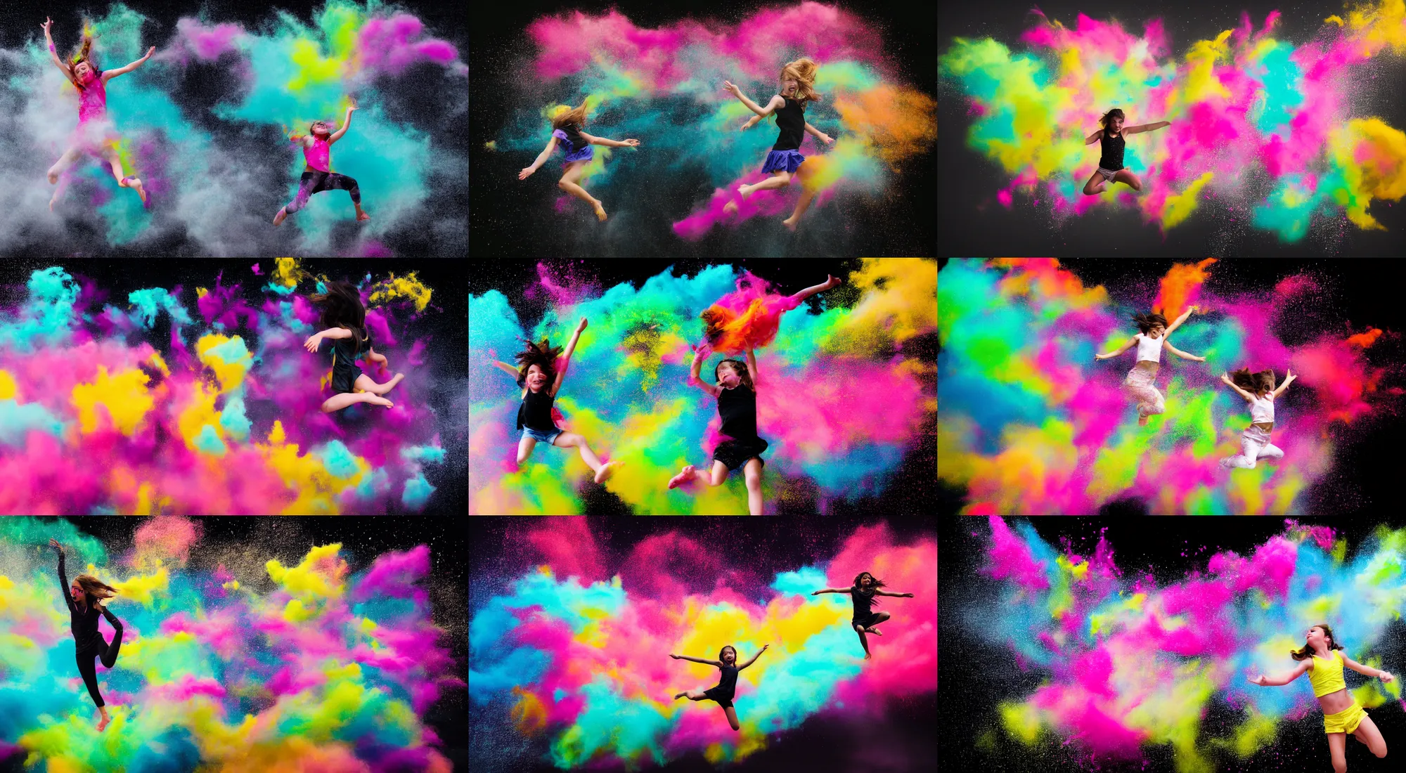 Prompt: a girl jumping through a centered explosion of colorful powder on a black background